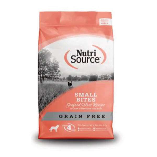 Empaque de NutriSource Small Bites Seafood Select · Sin granos