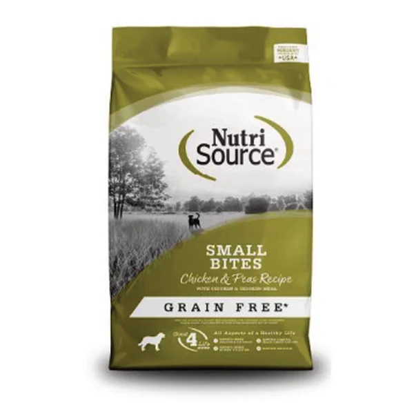 Empaque de NutriSource Small Bites · Pollo y arvejas · Sin granos
