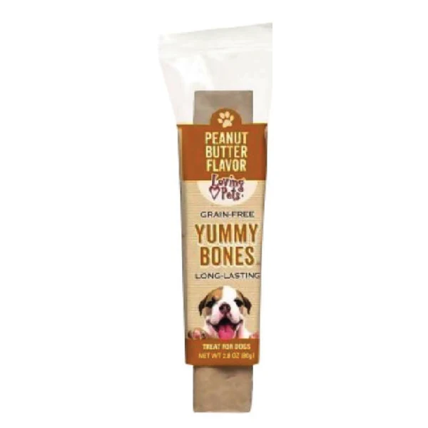 Empaque de Loving Pets Yummy Bones · Mantequilla de maní · Sin granos