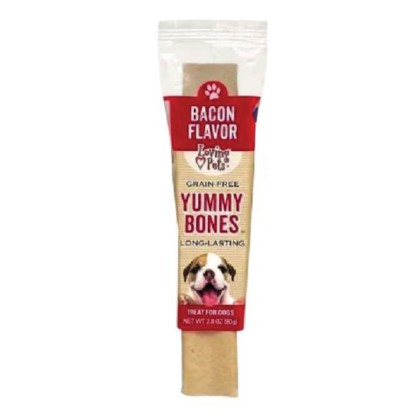 Empaque de Loving Pets Yummy Bones · Tocino · Sin granos
