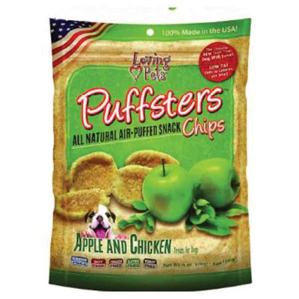 Empaque de Loving Pets Puffsters Chips · Manzana y pollo
