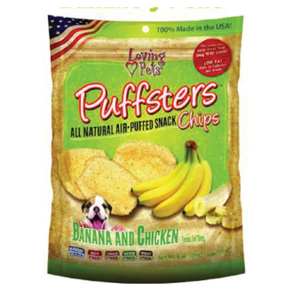 Empaque de Loving Pets Puffsters Chips · Banano y pollo