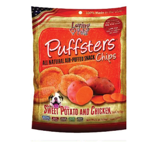 Empaque de Loving Pets Puffsters Chips · Camote y pollo