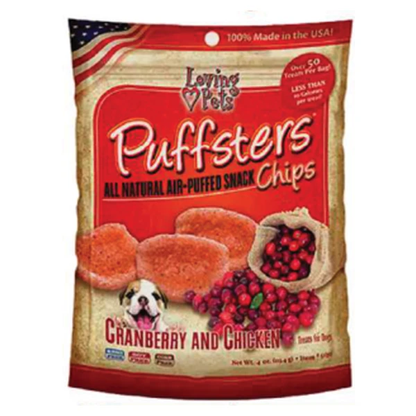 Empaque de Loving Pets Puffsters Chips · Arándano y pollo