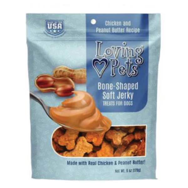 Empaque de Loving Pets Soft Jerky · Huesitos · Mantequilla de maní