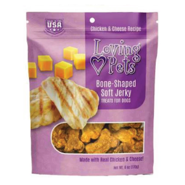 Empaque de Loving Pets Soft Jerky · Huesitos · Pollo y queso