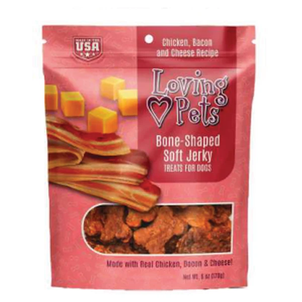 Empaque de Loving Pets Soft Jerky · Huesitos · Tocino y queso
