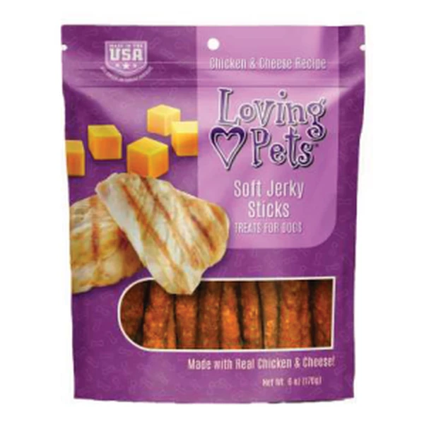 Empaque de Loving Pets Soft Jerky · Palitos · Pollo y queso