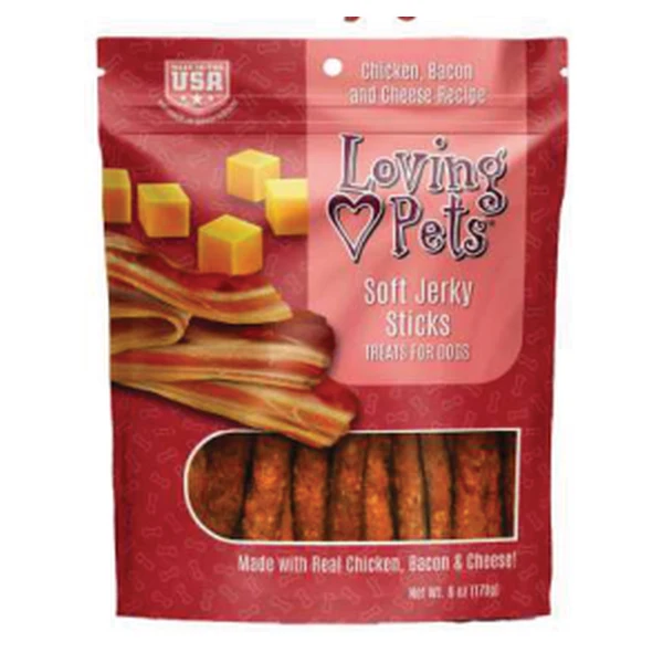 Empaque de Loving Pets Soft Jerky · Palitos · Tocino y queso
